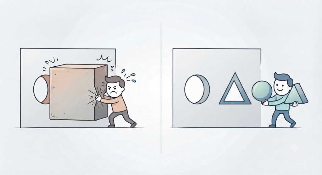 Inefficiency or constraints (man trying to fit large square box in round and triangle shaped hole)